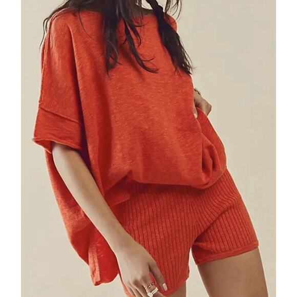 Free People Beach Winnie Sweater Biker Short & Oversized Tee Shirt Set Orange XS - Picture 1 of 3